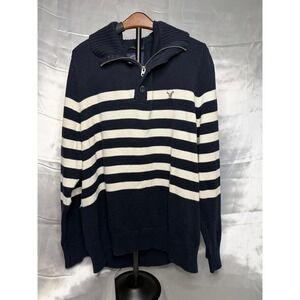 American Eagle Navy Stripe Quarter Zip Sweater Athletic Fit XXXL Preppy Cozy